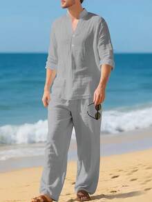 Men's Linen Casual 2 Piece Outfits Long Sleeve Lapel Shirt & Long Pants Set Loose Fit V Neck Tops Breathable Beach Vacation Daily Streetwear All Season Spring Summer Autumn New Arrival - 白色 - 查看 9
