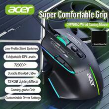 Acer OMW950 有线静音游戏鼠标，适用于 FPS 游戏，白色电竞背光版（7 个宏按键 + RGB 灯光），标准配置 - 查看 7