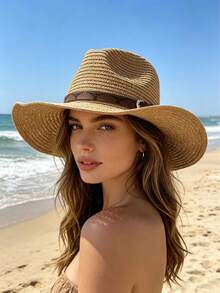 Women's Woven Straw Cowboy Hat, Foldable Beach Sun Hat For Vacation & Beach Days,Summer - Panama Straw Hat - View 2