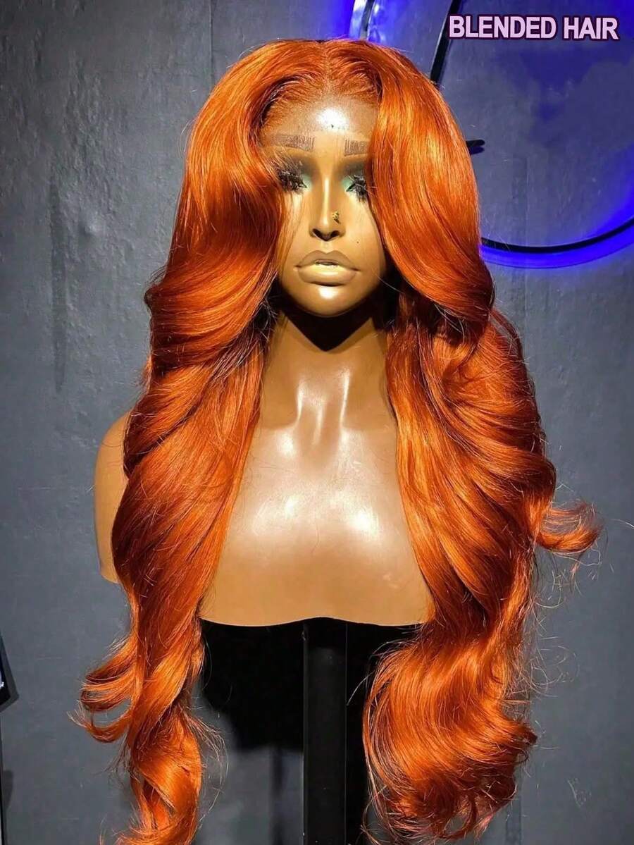 34 Inch Ginger Wavy 13X4 Lace Front Wig, Pre-Trimmed, 200% Density, Soft & Thick, #350 Color Lace Front Wig, Human Hair Blend, High Quality Wig, Natural Look, Halloween Accessory, Christmas Costume, Christmas Gift - S350 - View 1