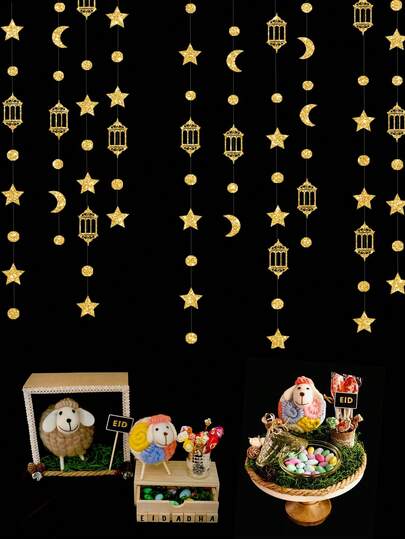 1pc 3 Meters Eid Al Adha Party Decoration Hanging, Gold Glitter Star Moon Lantern Garland, Middle Eastern Islamic Festival Celebration Backdrop
