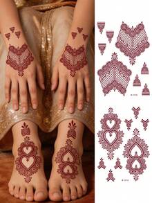 Set di 2 fogli di tatuaggi temporanei all'henné, design boho estivo con cuore, pizzo e lampadario floreale, ideale per petto, braccia, polsi e schiena, impermeabile e anti-sudore, lunga durata, facile da applicare e rimuovere, tatuaggi finti, per donne e ragazze - Bordò - Visualizzare 3