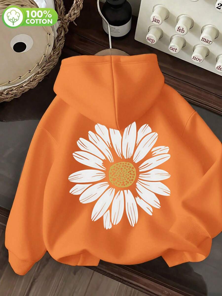 女款棉質上衣,夏季雛菊印花上衣,春/夏新品:春/夏連帽衫,春/夏女裝 - 桔色 - 查看 1