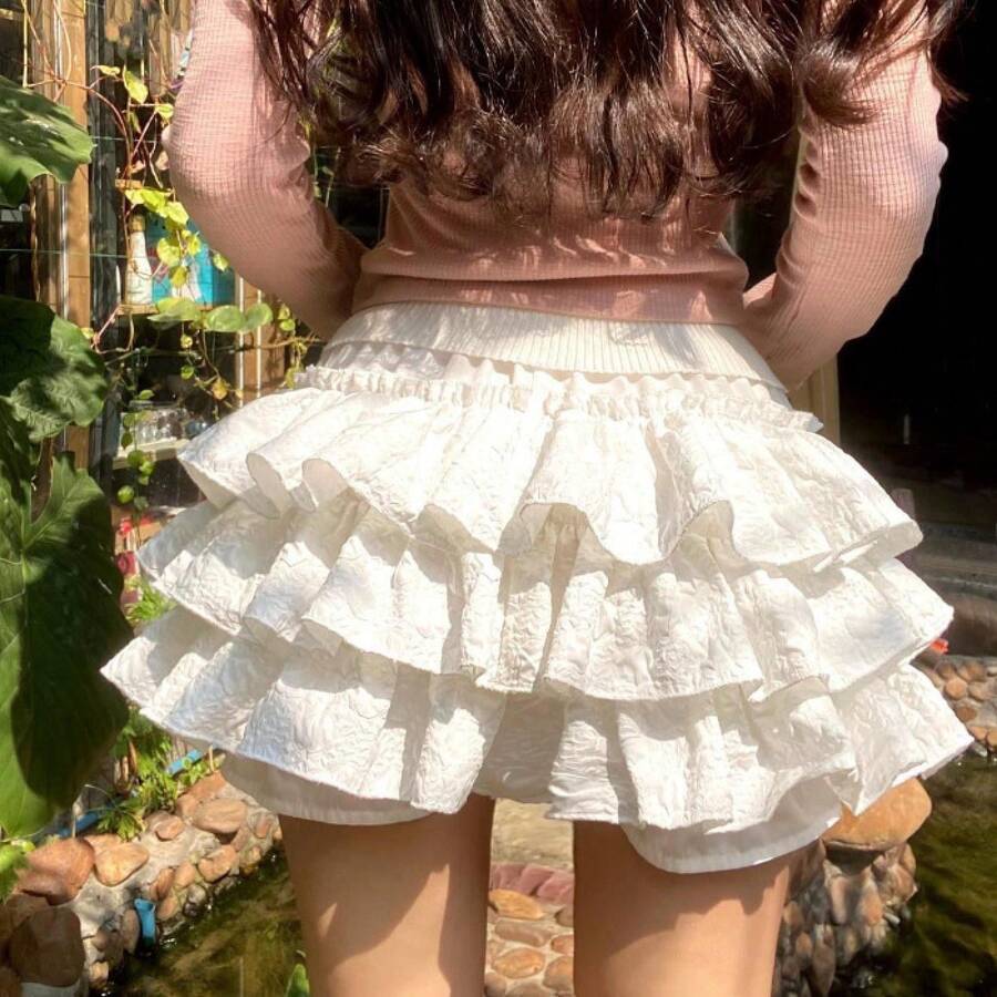 Ballet-Style Puffy Skirt For Women, New Summer Korean Version, High-Waisted, Slimming, Petite Princess Double-Layer Cake Mini Skirt - 白色 - 查看 1