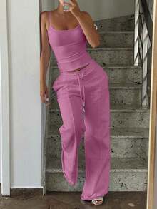 Women's Simple Solid Color Camisole And Drawstring Waist Sweatpants Set Summer - 玫瑰粉 - 查看 3