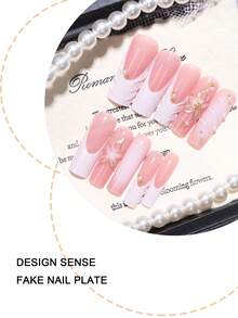 24 pièces Stickers d'ongles acryliques rectangulaires, Manucure poudre blanche tie-dye 3D stéréoscopique gel faux perle dorée, Convient aux femmes et aux filles, Faux ongles français mignons pour le salon des ongles, Comprend 1 pièce de gel de gelée, 1 pièce de lime à ongles - Multicolore - Voir 3