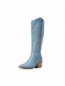 Knee High Boots Women, Pull On Zipper Chunky Heel Pointed Toe Party Embroidered Western Cowgirl Cowboy Boots - 藍色 - 查看 7