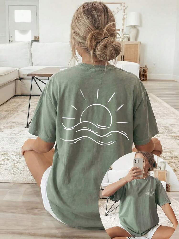 2026 New Summer Collection, [Double-Sided Print] Spring/Summer Loose Casual Women's Clothing, White Line Sun And Sea Pattern Print, Short-Sleeved Roun - White - View 6