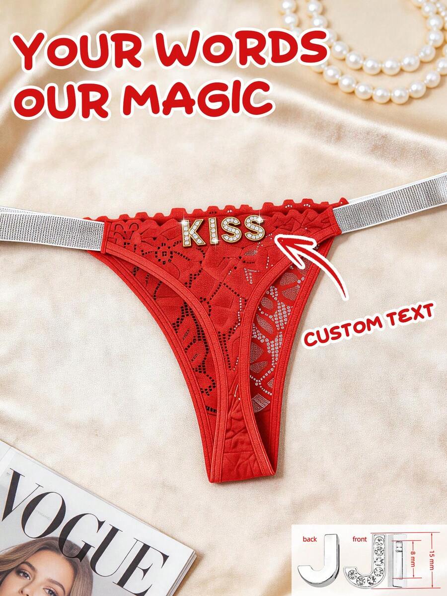 Custom Mid-Waist Lace Thong, Sexy Peach Panties, Personalized Christmas Holiday Gift Lingerie - Red - View 1