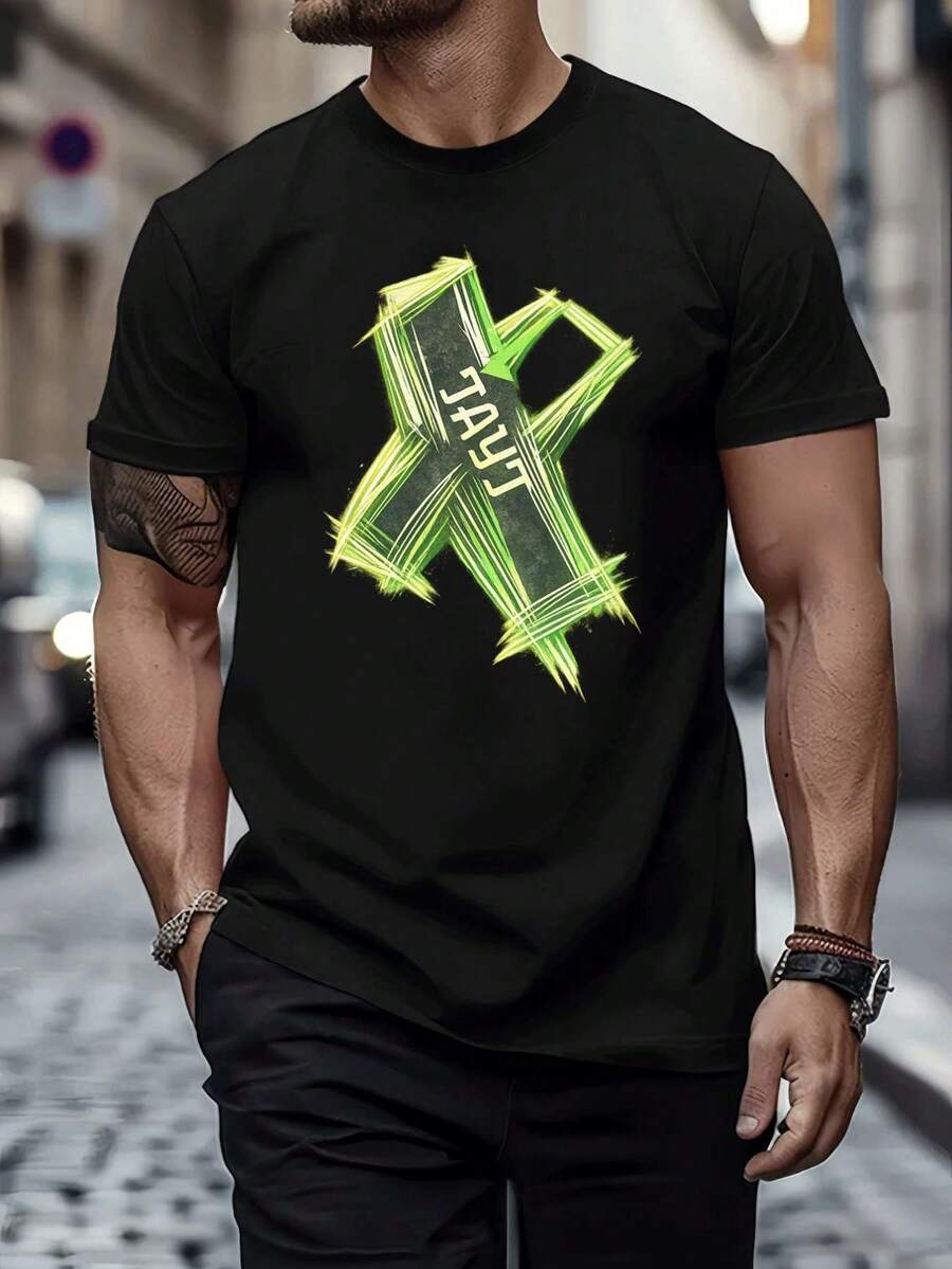 T-shirt streetwear pour homme avec graphique néon, coton premium, coupe confortable, style hip-hop, confortable, impression graphique unique, nouvelle sortie - Noir - Voir 1