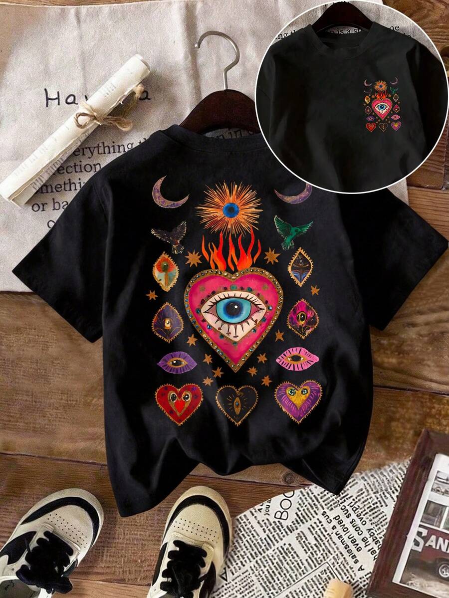 T-shirt décontracté pour femmes grandes tailles, T-shirt à motif cœur, convient comme cadeau pour les amis et la famille. Noir d'été - Noir - Voir 1