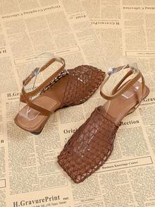 Sandal cao gót mũi vuông thoáng khí bằng lưới dành cho nữ, sandal xỏ ngón liền thân màu nâu cho mùa hè - màu nâu - Xem 10