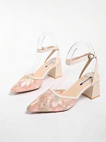 Talons hauts élégants et à la mode à bout pointu avec broderie florale en maille, chaussures d'été - Rose bonbon - Voir 4