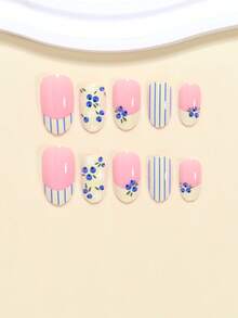 24pcs Medium Oval Acrylic Nail Stickers, Fresh Spring/Summer Style, Soft Cream Yellow Stripes With Cute Blueberry Pattern, Elegant Y2K Fashion, Suitable For Spring/Summer Ladies And Girls, Includes 1 Adhesive Sheet And 1 Mini File, Random Delivery - Multicolor - View 3