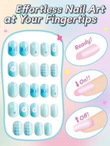 NAIO 24pcs Kids Press On Nails, Blue Flower Plaid Star Full Cover False Nails Colorful Full Cover Short False Nails For Girls, Cute Mixed Pattern Wearable Nail Kit With Storage Box & Nail File - Multicolor - View 2