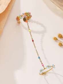 1 pieza Anillo de dedo doble bohemio multicolor con cuentas para mujer, de acero inoxidable chapado en oro, con cadena de flor enlazada, para anillo de dos dedos, joya de primavera y verano para playa y regalo - vistoso - Ver 6