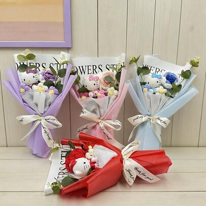 SANRIO 母亲节玫瑰针织花束（1件），Hello Kitty 手持花束，花园装饰，摄影道具，创意情人节礼物