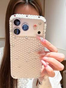 Korean Ins Girl Aesthetic Pearl & Rhinestone Phone Case Compatible With IPhone 17 Pro Max, 16 Pro Max, 15 New, 17 Pro, 16 Pro, Luxury Shockproof Full Coverage Protective Cover - White - View 1