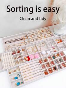 1/9件套米色首饰托盘，戒指托盘，手镯托盘，耳环托盘，手镯托盘，钢笔托盘，耳机托盘，化妆品托盘，眉笔托盘，口红托盘，假睫毛托盘，美甲托盘，大容量首饰收纳盒，带独立隔层，可堆叠首饰展示架 - 彩色 - 查看 2