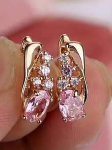 1pair Elegant Sparking Pink Synthetic Zirconia Golden Plated Hoop Earrings For Women Exquisite Wedding Banquet Perfect Jewelry Accessories - Earrings - View 6