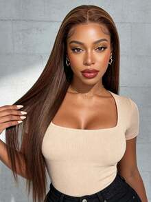 VIOLLY 13x6高清透明蕾丝前额直发巴西发，200%高密度，耳到耳自由分缝，自然发际线，婴儿绒毛，预先拔毛，预先漂白，4号巧克力棕色混纺真人发假发，适合日常佩戴或参加派对。 - S4 - 查看 7