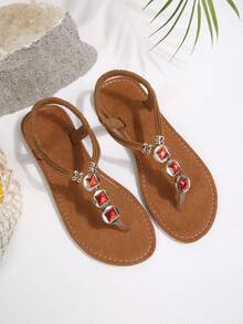 Women's Toe Post Bohemian Beaded Fabric Roman Sandals, Beach Vacation Home Slippers, Spring/Summer - Brown (ruby) - View 8