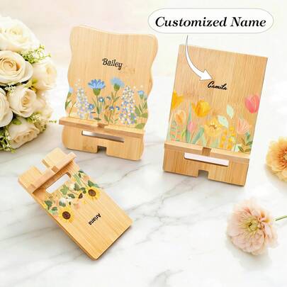 Soporte de teléfono de bambú personalizado, soporte de teléfono personalizado con diseño floral y nombre, lindo decoración de escritorio, adecuado como regalo de graduación o cumpleaños para mujeres