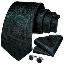 Men's Dark Green Paisley Floral Tie Set - Includes Pocket Square, Cufflinks And Gold Tie Clip, Formal Tie Suitable For Celebration Occasions - Dark Green - View 5