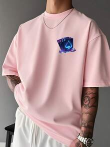 Men's Fashionable Versatile Cool Playing Card Print Round Neck Short Sleeve T-Shirt - Pink - View 2