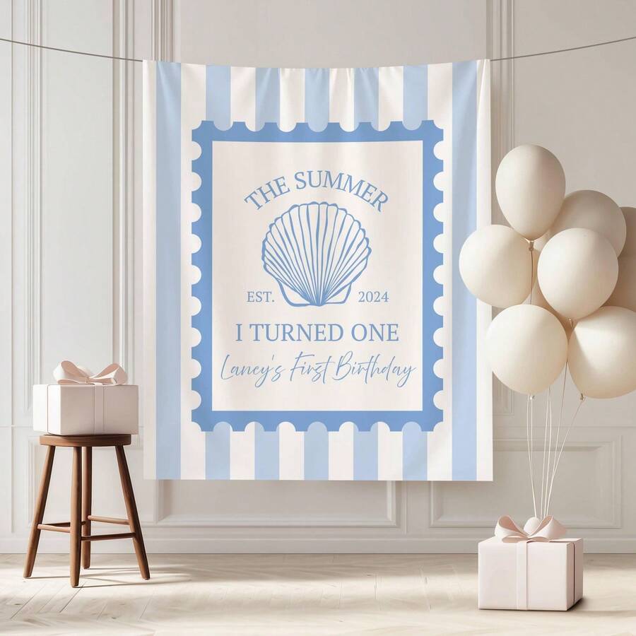 1pc Custom The Summer I Turned One Birthday Banner, Coastal 1st Birthday Decor, Summer Party Backdrop, Birthday Tapestry, Beach Theme - 顏色1 - 查看 1