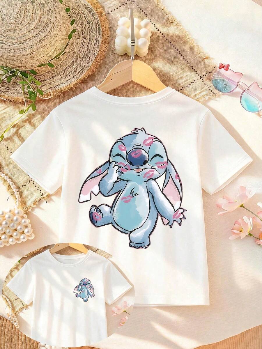 Disney Lilo & Stitch Kids T-Shirt, Cute Kiss Mark Stitch Double-Sided Print, Soft Breathable Casual Tee For Girls - trắng - Xem 1