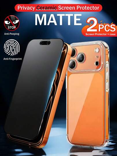 2-en-1 - 1 pieza Protector de pantalla de vidrio templado mate y privacidad + 1 pieza Funda para teléfono, compatible con iPhone 13/16 Pro Max/17 Pro/17 Pro Max/15/16 Plus, protector de pantalla mate antihuellas y antiespia, ajuste perfecto con la funda del teléfono