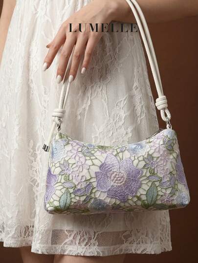 女士花卉刺绣蕾丝单肩包，复古Y2K Hobo腋下包