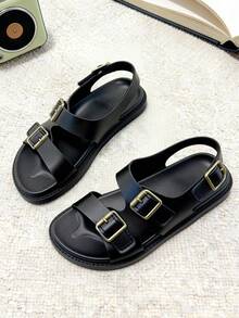1 Pair Fashion Children's Sandals, Flat Sandals, Soft Non-Slip Wear-Resistant Sole, Hook And Loop Unisex, Suitable For Summer Outings, Banquets, Parties, Vacations - Black - View 6