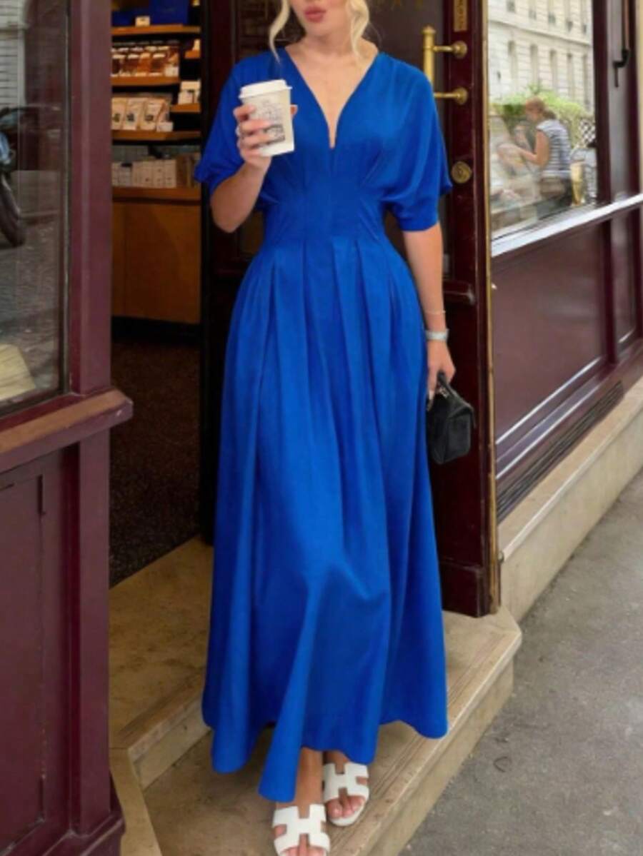 女士春夏法式优雅皇家蓝纹理V领蝙蝠袖收腰露背连衣裙，适合办公室、度假、婚礼等场合 - 藍色 - 查看 1