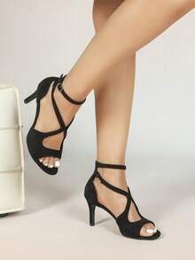 Sandalias de tacón romano de gatito de tacón alto, cómodas y de moda para fiesta de noche y vacaciones, con tiras nude - Negro - Ver 5