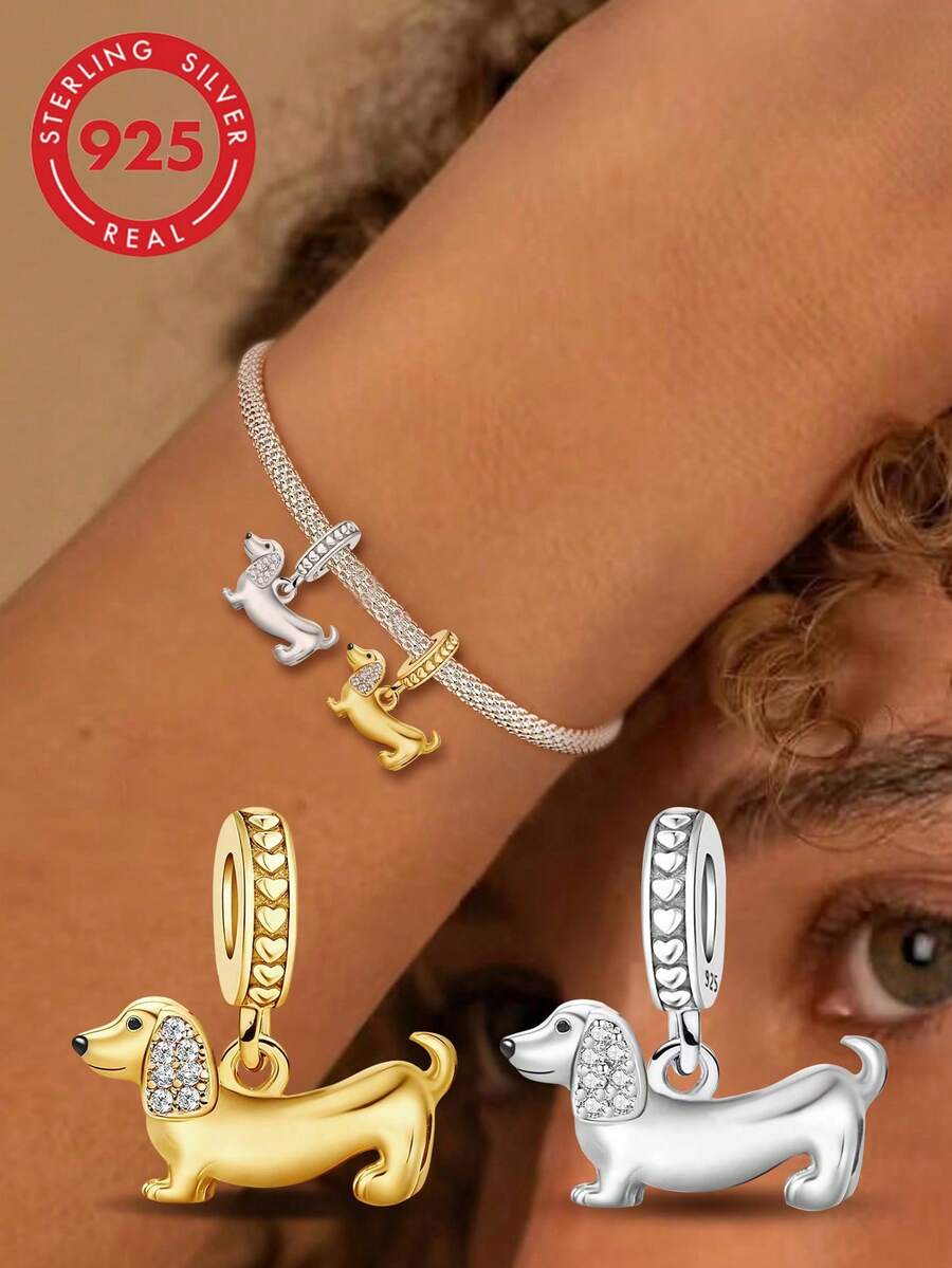 1颗925纯银腊肠犬吊坠珠，适合女士手链、手镯DIY饰品制作及日常佩戴，是女孩的理想之选。