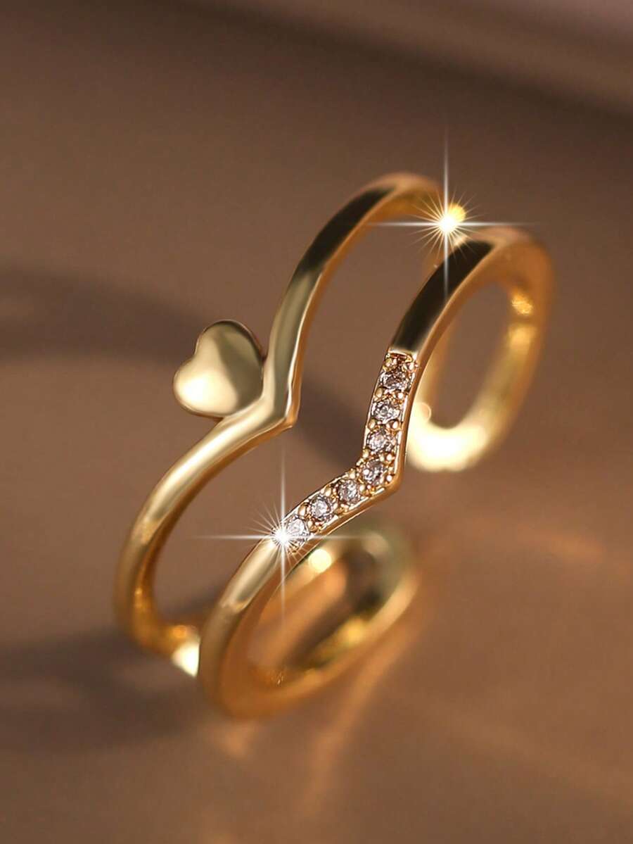 1pc Elegant Double-Layer Arrow Heart Single Rings Casual Micro Inlay Cubic Zirconia Minimalist Ring Suitable For Women Daily Commute Graduation Engagement Copper Jewelry For Mother's Day Gift - Heart - View 1