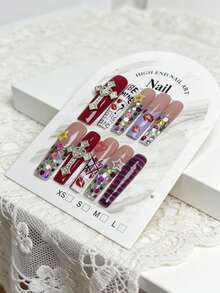 10 piezas de uñas postizas de lujo con estampado de estrella francesa y labios rojos, adecuadas para niñas, vacaciones, bodas y fiestas - Multicolor - Ver 5