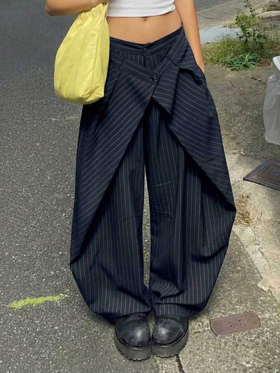 女士夏季休闲情人节Y2K风格条纹口袋高腰阔腿裤,双腰带设计,春季款 - 藏蓝色 - 查看 1
