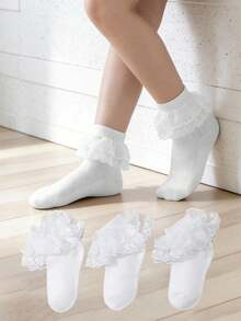 3 Pasang Kaos Kaki Balet Putri Dua Lapis Katun Polos dengan Hiasan Renda untuk Anak-Anak & Balita - Putih - View 8