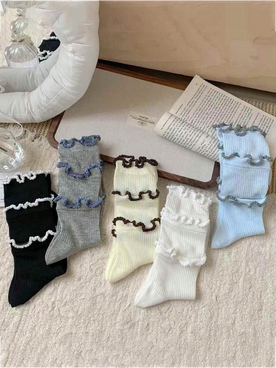 1/5 Đôi tất nữ cao đến bắp chân có bèo nhún, kiểu dáng thanh lịch, dễ thương, thoáng mát, phù hợp với váy, giày công sở, giày lười, mùa xuân/hè. - Nhiều màu - Xem 1