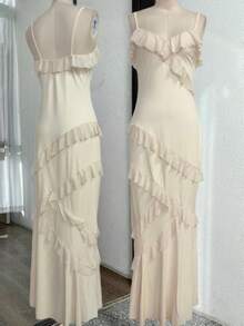 Đầm dạ hội dài ôm sát phối lưới dành cho nữ, thanh lịch, sang trọng, thích hợp cho lễ tốt nghiệp, dạ hội, đám cưới, khách mời. Đầm cocktail hai dây kiểu nàng tiên cá mùa hè, ôm sát cơ thể, trang phục lễ hội, đi biển. - Màu be - Xem 10