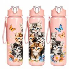 1 pieza Botella de agua deportiva de 750ml/26oz con diseño impreso en 3D de gato, 5 opciones de color, con correa de asa para transportar fácilmente, compacta y ligera, adecuada para exteriores, viajes, campamentos, escuela, oficina, excelente regalo de Navidad o cumpleaños - Multicolor - Ver 16