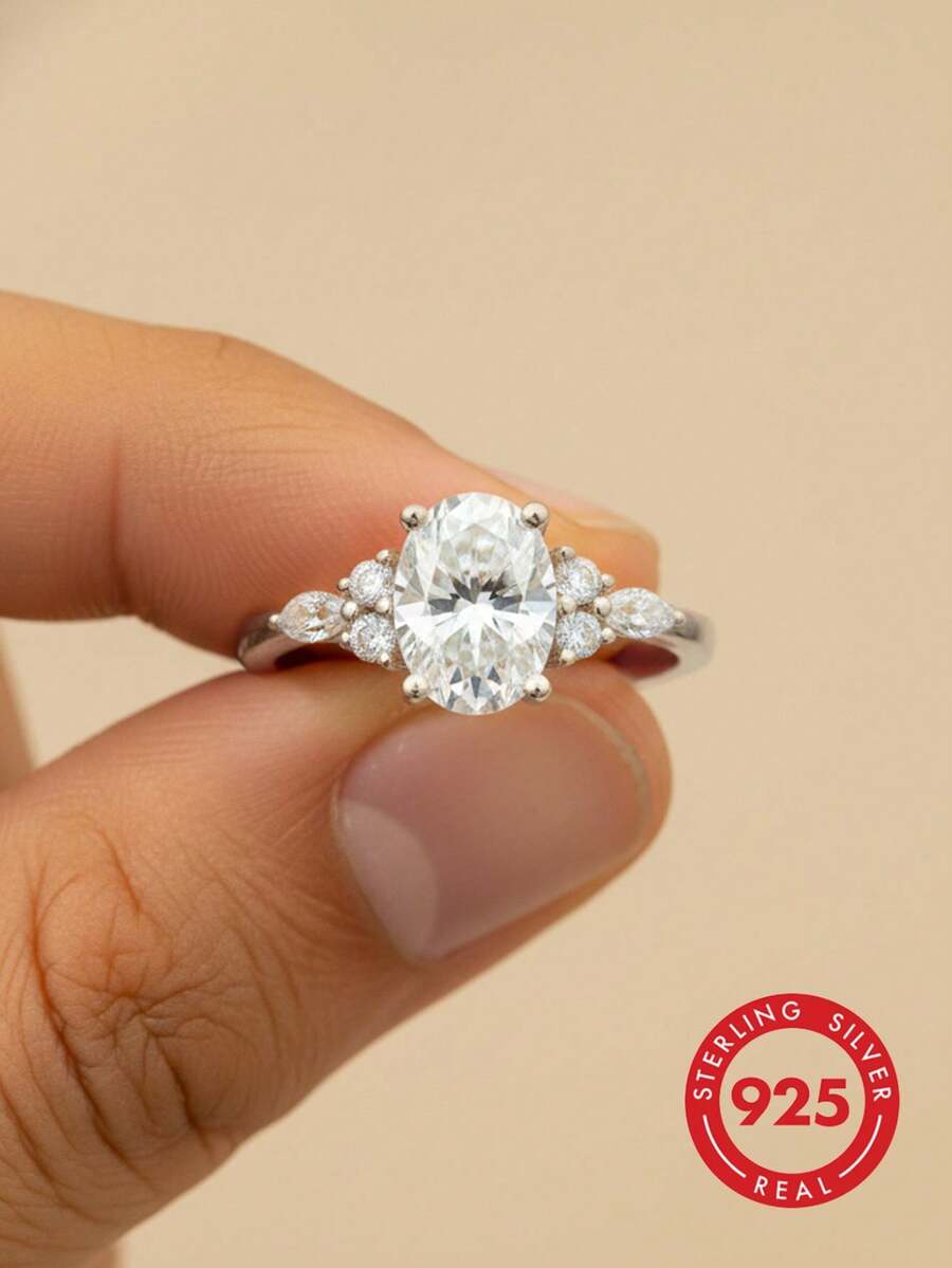 1枚925纯银椭圆形镂空戒指，女士款式，适合派对和晚宴，精致珠宝，女友周年纪念礼物