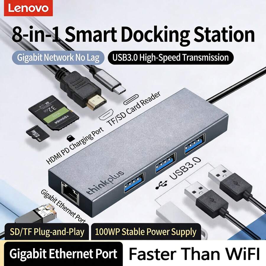 Lenovo 8-In-1 Docking Station Adapter For Laptops And Mobile Phones, Type-C To USB-C Converter, Splitter, Network Cable, Interface Adapter Cable, Expansion Cable, HDMI LC08 [USB3.0*3 + HDMI + RJ45 Gigabit + SD + TF + PD] - View 1