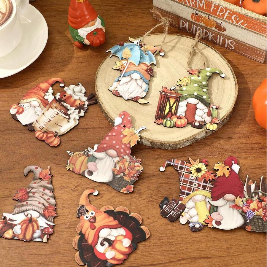12pcs/24pcs/36pcs Autumn Hanging Decor, Wooden Gnome, Pumpkin, Leaf Ornaments With Jute Rope, Suitable For Thanksgiving Home Gathering Wall Decor, Can Be Hung On Ceiling, Wall, Door, Tree, Window To Decorate Your Living Room, Garden And Add More Charm To Your Home And Party! - Multicolor - View 1