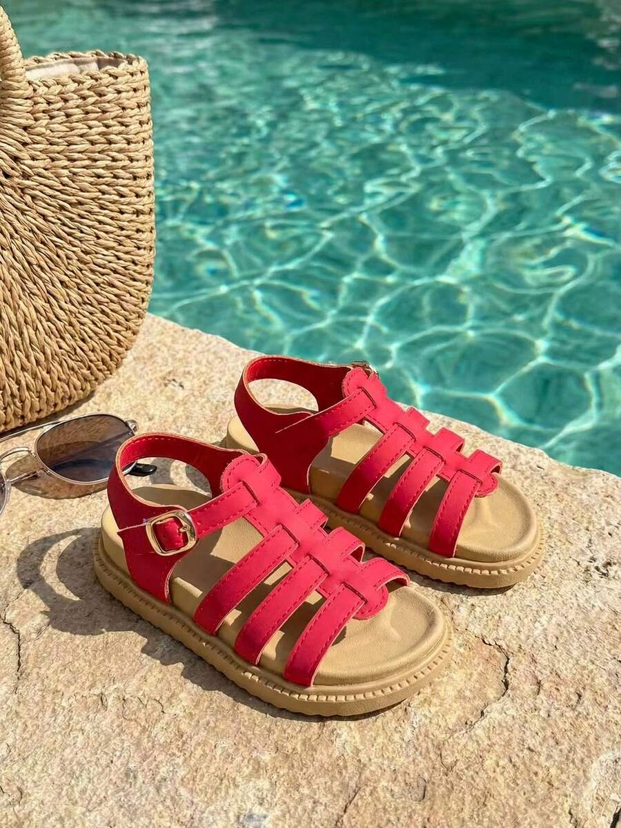 1 Pair Children's Summer Flat Sandals, Hollow Red Multi-Strap Vamp, Hook And Loop Closure, Gold Buckle Decor, Casual Beach Style Sandals Suitable For Vacation, Party, Daily Wear - Red - View 1