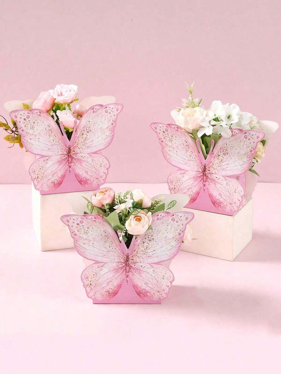 6pcs Watercolor Pink Butterfly Decorative Gift Boxes, Floral Paper Boxes, Suitable For Birthday, Holiday, Wedding, Party, Room, Tabletop Decor, Baby Shower Party Favor Packaging, Floral Paper Boxes, Double-Sided Tape Included - 紫色蝴蝶 - 查看 1