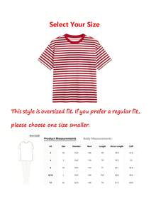 超大宽松粉色条纹撞色T恤，Y2K可爱夏季女装，休闲女式衬衫，情人节衬衫 - 紅色 - 查看 5